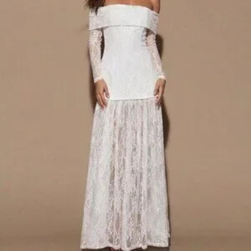 ZARA White Elegant Women's Lace Off-Shoulder Long Sleeve Formal Dress